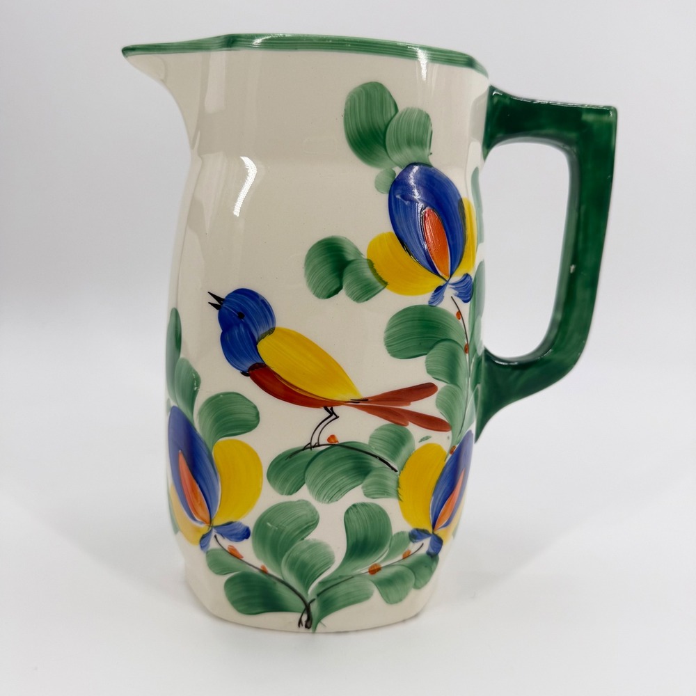 Vintage 30s Hand-Painted Folk Art European Art Deco Made Czech Ceramic Pitcher